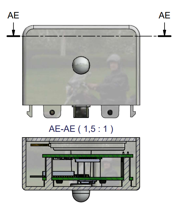 EverTag Connectivity Module in enclosure -- front view and AE-AE cross-section