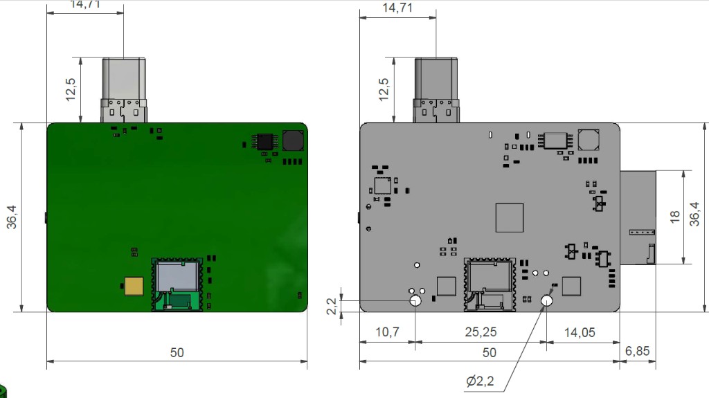 B1 layout — screw holes, slots, USB and WiFi protrusions