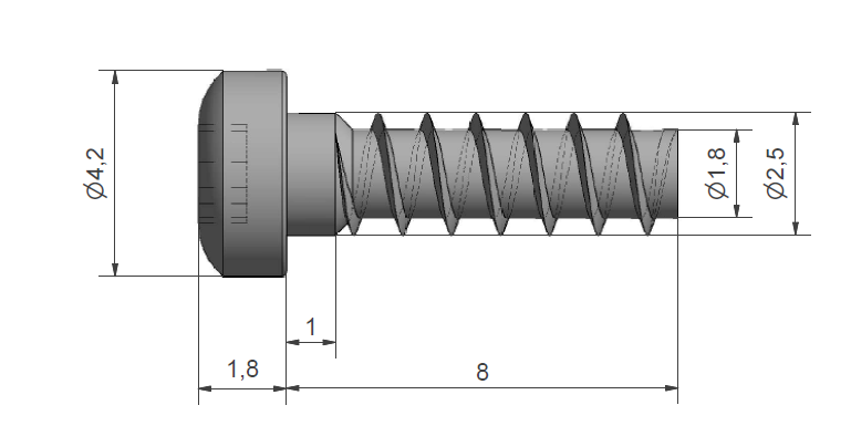 Nominated bottom retention screw — 8 mm, ∅2.5 thread, ∅4.2 head
